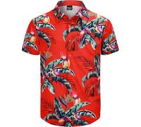 Fashonal Men's Hawaiian Shirt Button Down Tropical Beach Short Sleeve Aloha Shirt, Retro Red, Large