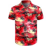 Fashonal Men's Hawaiian Shirt Button Down Tropical Beach Short Sleeve Aloha Shirt, Sunset-design Red, Large