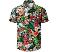 Fashonal Men's Hawaiian Shirt Button Down Tropical Beach Short Sleeve Aloha Shirt, Tiki, Large