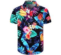 Fashonal Men's Hawaiian Shirt Button Down Tropical Beach Short Sleeve Aloha Shirt, Tropical Fruit Black, XXL