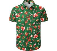 Fashonal Men's Party Print Button Down Collared Short Sleeve Casual Shirt, Christmas Green, Medium