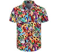 Fashonal Men's Party Print Button Down Collared Short Sleeve Casual Shirt, Masquerade Mask, XL
