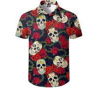 Fashonal Men's Party Print Button Down Collared Short Sleeve Casual Shirt, Rose Skull, XXL