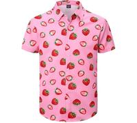 Fashonal Men's Valentines Day Shirt Heart Print Button Down Collared Short Sleeve Hawaiian Shirt, S-4XL, Pink Strawberry, XL