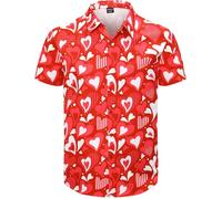 Fashonal Men's Valentines Day Shirt Heart Print Button Down Collared Short Sleeve Hawaiian Shirt, S-4XL, Red Love Heart, XL