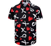 Fashonal Men's Valentines Day Shirt Heart Print Button Down Collared Short Sleeve Hawaiian Shirt, S-4XL, Black Xoxo, Large