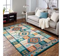 Fashriend Rita Moroccan Area Rug, 3'6''×5'6'' Washable Western Rug, Non-Slip Southwest Boho Rug, Non-Shedding Aztec Rug, Geometric Carpet with Low Pile for Living Room, Bedroom, Dining, Office, Blue