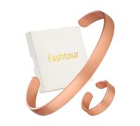 Fashtour Pure Copper Bracelet and Ring Set - Copper Bracelet for Men & Women - 100% Solid, Raw & Uncoated Handmade Hammered Tibetan Cuff Bangle(Smooth Arc)