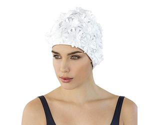Fashy White Fabric Petal Flowery Swim Hat for Women - Nylon, One Size
