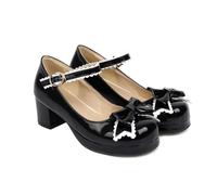 Fasion Special Bow Mary Janes Patent Leather Block Heel Pumps for Women Rockabilly Shoes Lolita Fashion Vintage Maid Cosplay, black, 2/2.5 UK