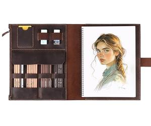 Fasjosma Leather Sketchbook Cover for A4/9"x12" sketch pads - Handmade Genuine Leather Artist Case with Pencil Holder & Zipper Pocket, Professional Drawing Supplies (D.Brown, 9"x12")
