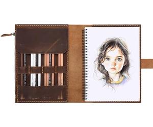 Fasjosma Leather Sketchbook Cover for A5/5.5"x8.5" Sketch Pads - Handmade Genuine Leather Artist Case with Pencil Holder & Zipper Pocket, Professional Drawing Supplies (Brown, 5.5"x8.5")