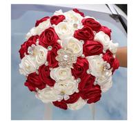 Fasksh 7.5 Inch Handmade Rhinestone Brooch Satin Bridal Bouquet-Crystal Wedding Round Tossing Bouquet,Artificial Flower Bunch With Diamond Pearl Ribbon (Color : Wine Red+Ivory)