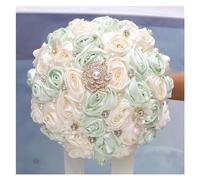 Fasksh 7.5 Inch Handmade Rhinestone Brooch Satin Bridal Bouquet-Crystal Wedding Round Tossing Bouquet,Artificial Flower Bunch With Diamond Pearl Ribbon (Color : Light Green+Ivory)