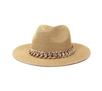 Fasksh Gold Chain Belt Panama Straw Hats for Women Summer Breathable Beach Sun Hats Elegant Ladies Party Jazz Hat(Color:Khaki)
