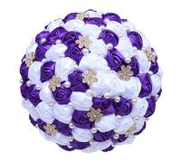 Fasksh Vintage Dark Green Satin Roses Bridal Bouquet Artificial Purple Flower Bouquets Ribbon Pearls Bride Wedding Accessories (Color : Purple Pure White 24cm)