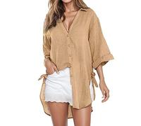 FASLOLSDP Linen Blouse Women's Summer Leisure Blouse Long Sleeve Plain Button Placket Turn-Down Collar Transition Jacket Medium Length Casual Summer Autumn Fit for Casual Transitional Period, coffee