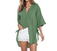 FASLOLSDP Linen Blouse Women's Summer Leisure Blouse Long Sleeve Plain Button Placket Turn-Down Collar Transition Jacket Medium Length Casual Summer Autumn Fit for Casual Transitional Period, Green