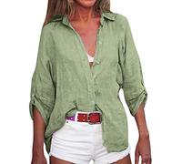 FASLOLSDP Muslin Blouse Women's Linen Blouse 3/4 Sleeve Plain Casual Open Roll Sleeve Design Summer Leisure Fit Cotton Oversize for Warm Days Office Everyday Comfortable Women's Top, Green, XXL