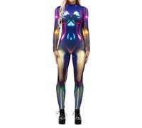 FASLOLSDP Women's 3D Digital Printed Cos Costume Long Sleeve Skinny Jumpsuit Long Sleeve Snake Bodysuit Romper Cosplay Skull Skeleton One-Piece Halloween Costume Women