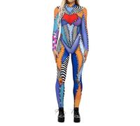 FASLOLSDP Women's 3D Digital Printed Cos Costume Long Sleeve Skinny Jumpsuit Long Sleeve Snake Bodysuit Romper Cosplay Skull Skeleton One-Piece Halloween Costume Women
