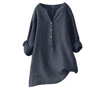 FASLOLSDP Women's Blouse 3/4 Sleeve Long Sleeve Plain Stand-Up Collar Button Placket Linen Oversize Roll Sleeve Jumper Casual Leisure Cotton Fit for Summer Autumn Everyday Comfortable Women's Clothing