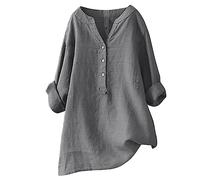 FASLOLSDP Women's Blouse 3/4 Sleeve Long Sleeve Plain Stand-Up Collar Button Placket Linen Oversize Roll Sleeve Jumper Casual Leisure Cotton Fit for Summer Autumn Everyday Comfortable Women's Clothing