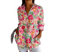 FASLOLSDP Women's Linen Blouse Long Sleeve Print Turn-Down Collar Casual Summer Leisure Open Medium Length Fit Cotton for Warm Days Beach Holiday Casual Women's Shirt Blouse, pink, XXL