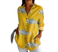 FASLOLSDP Women's Linen Blouse Long Sleeve Print Turn-Down Collar Casual Summer Leisure Open Medium Length Fit Cotton for Warm Days Beach Holiday Casual Women's Shirt Blouse, yellow, XXL