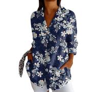 FASLOLSDP Women's Linen Blouse Long Sleeve Print Turn-Down Collar Casual Summer Leisure Open Medium Length Fit Cotton for Warm Days Beach Holiday Casual Women's Shirt Blouse, darkblue, XXL