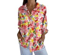 FASLOLSDP Women's Linen Blouse Long Sleeve Print Turn-Down Collar Casual Summer Leisure Open Medium Length Fit Cotton for Warm Days Beach Holiday Casual Women's Shirt Blouse, Light pink, 3XL