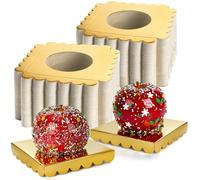 Fasmov 200 PCS Golden Candy Apple Box Base, Cardboard Taffy Apple Inserts, Square Caramel Apple Wraps Tray, Reusable Candy Apple Holder & Chocolate Circle Tray for Wedding, Halloween, Birthday