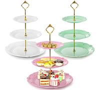 Fasmov 3 Pack 3 Tier Plastic Cupcake Stand, Dessert Plates Cake Fruit Candy Display Tower Reusable Pastry Platter for Wedding Birthday Baby Shower Tea Party Decorations - White Pink Green