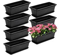 Fasmov 5 Pack 17 Inches Flower Window Box Plastic Vegetable Planters with Trays Vegetables Growing Container Garden Flower Plant Pot with 5 Pcs Plant Labels for Balcony, Patio, Garden, Black