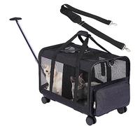 FASNATI Double-Compartment Pet Carrier with Detachable Wheels for Cat/Dog, Rolling Carrier for 2 Small Cats/Dogs/Rabbits, Super Ventilated Design, Ideal for Traveling/Walking/Camping, Black