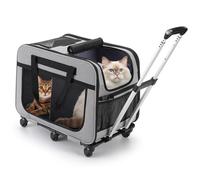 FASNATI Extra Large Double-Compartment Pet Carrier with Detachable Wheels for Cat/Dog, Foldable Rolling Carrier for 2 Cats, Pet Cat Travel Carrier for Walking/Camping, Grey
