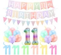 FASOTY 11th Birthday Decorations for Girls Pastel Macaron Number 11 Balloon Pre Strung Pastel Happy 11th Birthday Banner and Tringle Flag 11 Year Old Girls Birthday Decorations Supplies