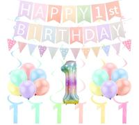 FASOTY 1st Birthday Decorations for Girls Pastel Macaron Number 1 Balloon Pre Strung Pastel Happy 1st Birthday Banner and Tringle Flag First Party Decorations for Girls