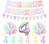 FASOTY 4th Birthday Decorations for Girls Pastel Macaron Number 4 Balloon Pre Strung Pastel Happy 4th Birthday Banner and Tringle Flag 4 Year Old Girls Party Decorations Supplies