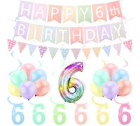 FASOTY 6th Birthday Decorations for Girls Pastel Macaron Number 6 Balloon Pre Strung Pastel Happy 6th Birthday Banner and Tringle Flag 6 Year Old Girls Party Decorations Supplies