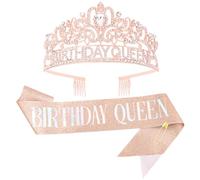 FASOTY Birthday Queen Sash and Crown Tiara - Rose Gold Glitter with Dazzling Colored Foil Birthday Queen Sash and Rhinestone Crown for Women Girls Funny Birthday Party Favors
