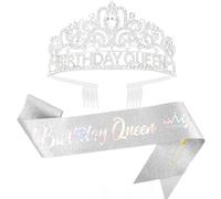 FASOTY Birthday Queen Sash and Crown Tiara - Sliver Glitter with Dazzling Colored Foil Birthday Queen Sash and Rhinestone Crown Funny Birthday Party Favors