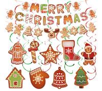 FASOTY Gingerbread Christmas Decorations, Merry Christmas Banner Garland & Hanging Swirls with Gingerbread Socks Signs, Gingerbread Party Supplies Home Office Fireplace Decorations