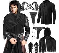 Fasouna 7 Pcs Men's Renaissance Costume Set Medieval Pirate Shirt Viking Shawl Belt Shoulder Armor Sword Bag Cosplay (Medium)