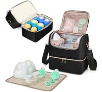 Fasrom Breast Milk Storage Bag with Cooler Compartment & Foldable Mat Black | Compatible with Momcozy and Medela Breast Pump, with Detachable Crossbody Strap, Top Built-in Steel Wire, for Work Mom