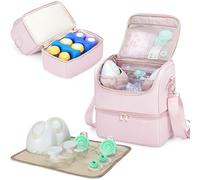 Fasrom Breast Milk Storage Bag with Cooler Compartment & Foldable Mat, Pink | Compatible with Momcozy and Medela Breast Pump, with Detachable Crossbody Strap, Top Built-in Steel Wire, for Work Mom