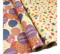 Fassory 20M Birthday Wrapping Paper Roll - 2 Rolls 43cm x 10M Recyclable Kraft Wrapping Paper with Balloons/Colorful Stars Prints (Balloon Star)