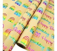 Fassory 20M Wrapping Paper Birthday Roll - 2 Rolls 43cm x 10M Wrapping Kraft Paper with Shiny Printed Patterns, Rainbow Color Gift Wrapping Paper (Birthday Rainbow)