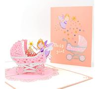 Fassory 3D Pop-up New Baby Greeting Card, Baby Shower Card, Fairy Bless Baby Pram Congratulations Card for Newborn Boys/Girls, Baby Birthday Card (Pink Orange)
