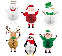 Fassory 6 Pcs Medium Honeycomb Paper Christmas Decorations, Santa Elf Reindeer Snowman Penguin Christmas Ornaments Hanging Decorations Reusable (Medium Cute - 6 Pcs)